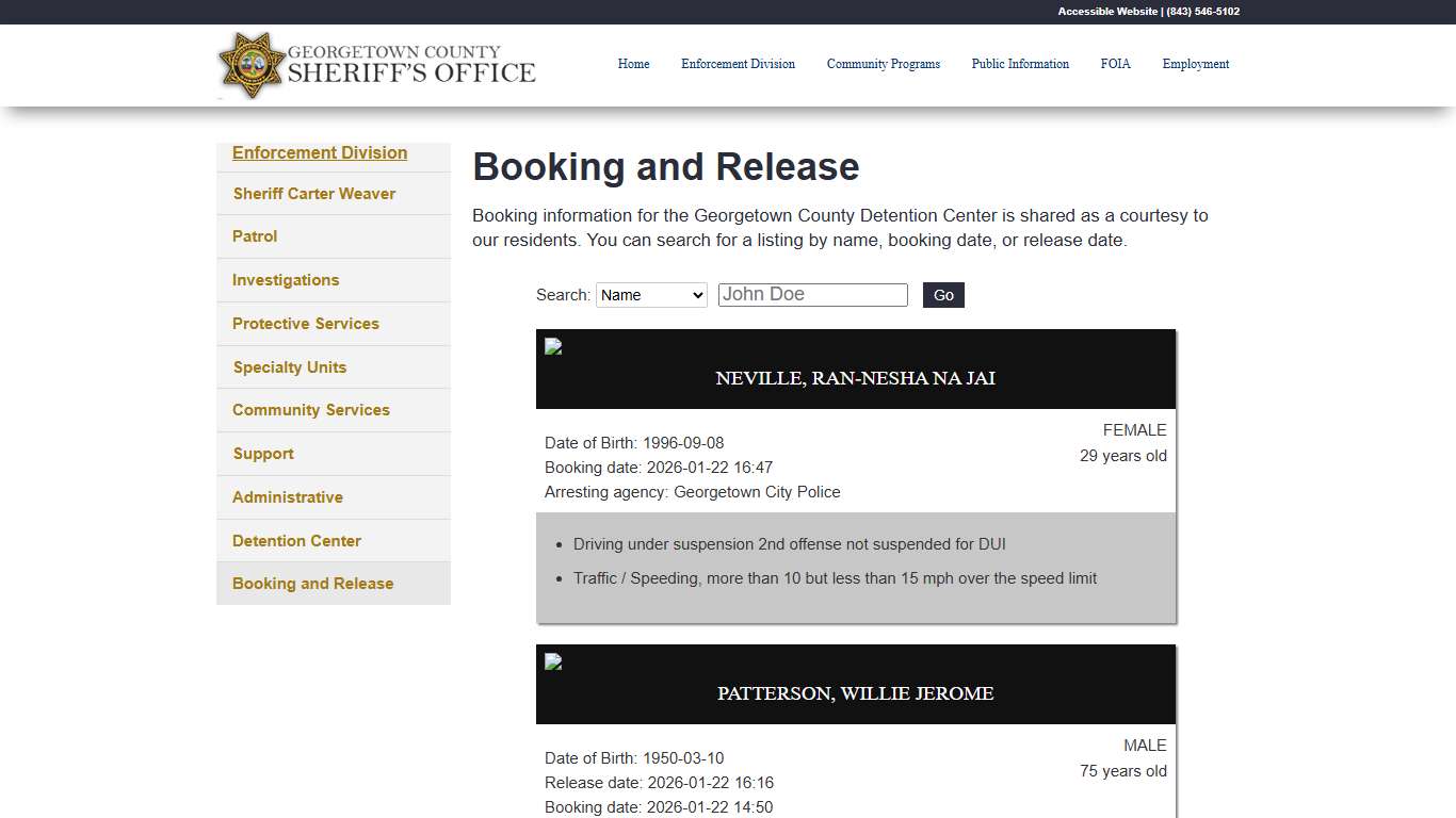 Booking and Release - GCSheriff.org